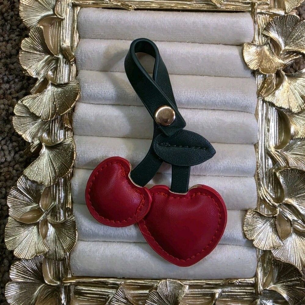 Cherry Charm Accessory Red Green Strap Button Accent Solid Pattern Women 1 Piece
